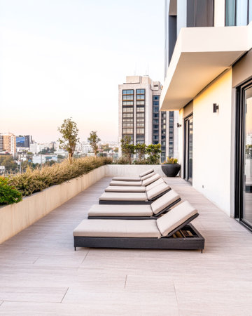 A sleek outdoor terrace features several sun loungers arranged neatly, providing a perfect spot to relax while enjoying a view of the city skyline at sunset.の素材
