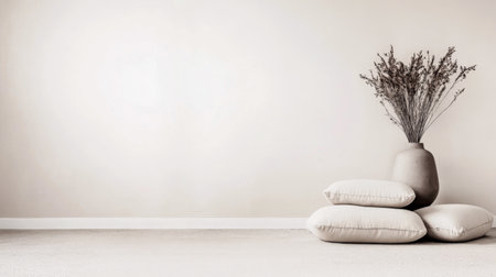 This space showcases a minimalist aesthetic, with three plush cushions neatly stacked and a simple ceramic vase filled with delicate dried flowers, all set against a soft, neutral wall.の素材