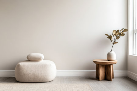 A serene living area showcases a sculptural seating option and a small side table holding a vase with delicate branches, emphasizing minimalist aesthetics.の素材
