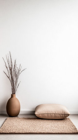 A minimalist interior showcases a simple ceramic vase with dried branches, a soft neutral pillow resting on a textured rug, creating a calm and inviting atmosphere.の素材