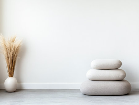 A contemporary living area features three stacked minimalist cushions in neutral tones, accompanied by a simple vase holding dried grass, enhancing the serene ambiance.の素材