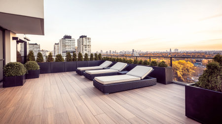 This balcony terrace features sleek lounge chairs surrounded by greenery, providing a serene spot to relax while enjoying a stunning city skyline at sunset.の素材