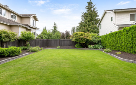 A spacious suburban backyard showcases freshly mowed green grass surrounded by neatly trimmed hedges and lush shrubs under a clear blue sky.の素材