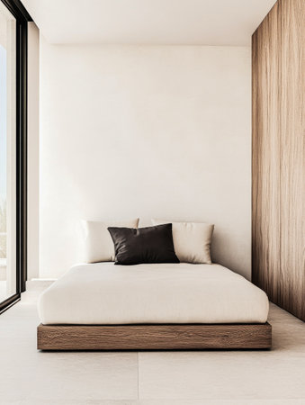 The interior showcases a simple bedroom with a low wooden platform bed, adorned with plush pillows, and a large window that invites bright sunlight, creating a serene atmosphere.の素材