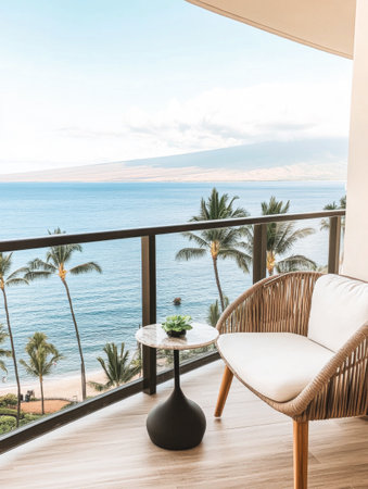 Enjoying a tranquil moment on a balcony with a beautiful ocean view, surrounded by palm trees and the soft sounds of waves lapping at the shore.の素材