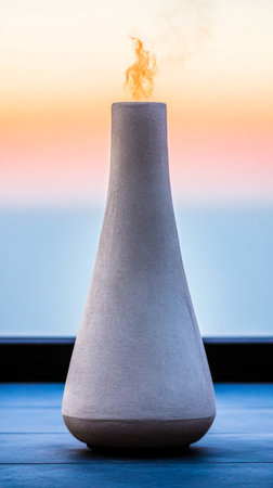 A sleek ceramic incense burner emits wisps of fragrant smoke against a vibrant sunset backdrop. The tranquil ocean forms a peaceful setting for relaxation and reflection.の素材