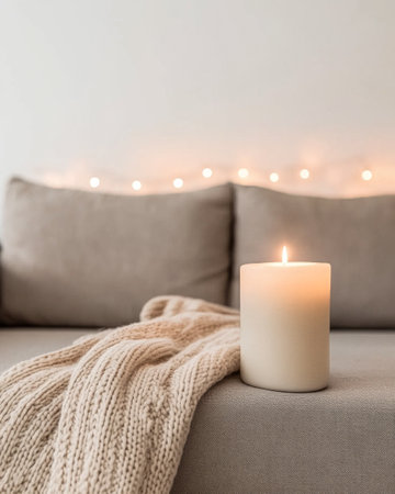 A warm and inviting living room features a glowing candle on a soft couch, with a knitted throw laid beside it, creating a serene atmosphere in the evening light.の素材