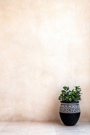 A decorative pot houses a vibrant green plant, positioned near a light-colored wall in an elegant indoor space, illuminated by natural light.の素材