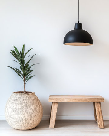 The interior showcases a sleek black pendant light hanging over a simple wooden bench beside a stylish potted plant in a woven pot, emphasizing a clean, contemporary aesthetic.の素材