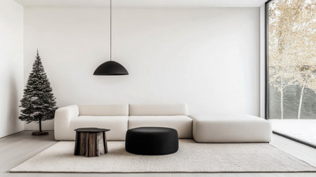 This stylish living room features a comfortable white sectional sofa, a black pendant light, and a decorative Christmas tree, creating a cozy atmosphere.の素材
