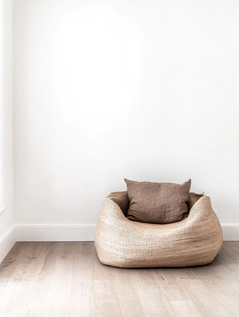 A simple and inviting corner showcases a textured bean bag chair accompanied by a soft brown pillow, set against a bright, neutral wall in a spacious room.の素材