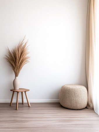 A stylish corner of a living room showcases a simple wooden stool holding a vase of dried grass, complemented by a cozy woven pouf and soft natural light filtering through a curtain.の素材
