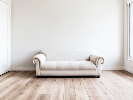 A cozy white couch is positioned in a minimalistic living room with light wooden flooring and a bright, airy feel enhanced by natural light from the window.の素材