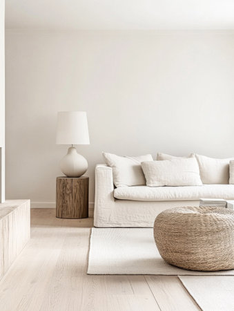 This serene living room showcases a light-colored sofa adorned with cushions, a woven ottoman, and a simple lamp, creating a calming atmosphere for relaxation.の素材