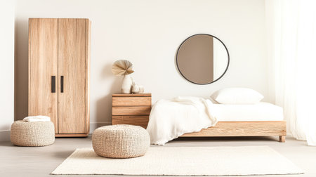 This cozy bedroom showcases minimalist design featuring wooden furniture, a round mirror, and soft textiles, creating a serene and inviting atmosphere.の素材