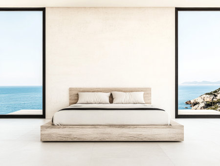 This serene bedroom features a spacious, minimalist design with a large bed and expansive windows offering breathtaking views of the ocean, emphasizing a calm atmosphere.の素材