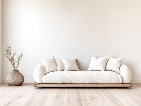 A spacious living area showcases a soft white sofa with ample cushions. A stylish woven basket adds a touch of nature, complementing the minimalist decor.の素材