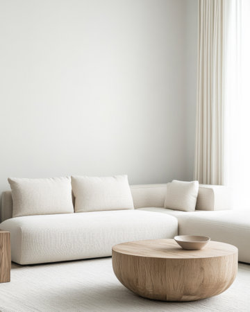 A stylish minimalist living room features a light-colored, spacious sofa adorned with soft cushions. A round wooden coffee table sits invitingly in the center, enhancing the calm ambiance.の素材