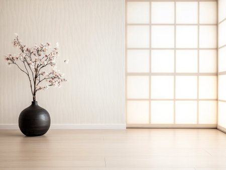 This space features a stylish black vase filled with delicate flowers, positioned beside a large light-filtering partition, creating a serene atmosphere with a minimalist design.の素材
