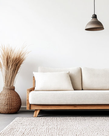A modern sofa with light upholstery is complemented by a decorative plant in a woven basket and a simple pendant light, creating a warm and inviting atmosphere.の素材