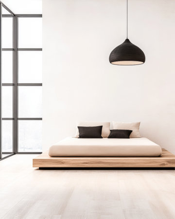 A tranquil bedroom features a low wooden platform bed adorned with soft pillows, accentuated by expansive windows allowing ample sunlight to illuminate the space.の素材