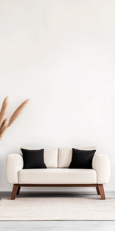 A warm and inviting living space showcases a modern beige sofa adorned with contrasting black cushions, complemented by a textured rug and decorative plants nearby.の素材