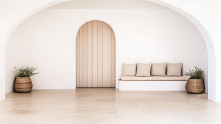 A modern interior showcases a minimalist design with a soft beige bench, textured cushions, and potted greenery framed by an elegant archway door, creating a serene atmosphere.の素材