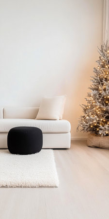 A modern living room showcases a stylish white couch, a plush rug, and a beautifully decorated Christmas tree. The setting exudes comfort and festive cheer.の素材