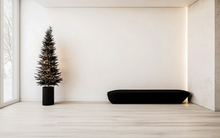 A spacious, minimalist living area features a sleek black planter holding a decorated Christmas tree. Large windows allow natural light to fill the room, showcasing elegant wooden flooring.の素材