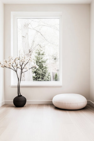 A serene corner of a room showcases a round cushion on the floor and a decorative tree in a pot, with soft natural light streaming through the large window.の素材