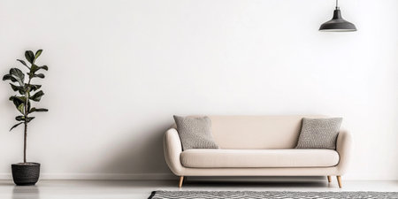 A modern living room showcases a light-colored, stylish sofa adorned with gray pillows, complemented by a decorative indoor plant near a chic pendant lamp.の素材
