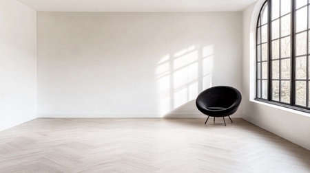 Bright daylight filters through a large arched window, illuminating a minimalist room with light-colored walls and wooden flooring, featuring a single black chair.の素材