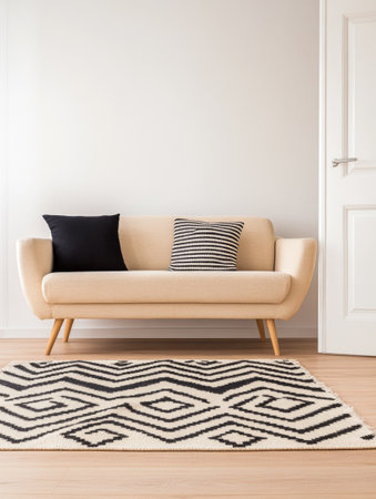 A stylish living room features a modern beige couch with two decorative pillows and a patterned rug on light wooden flooring, creating a warm and inviting atmosphere.の素材