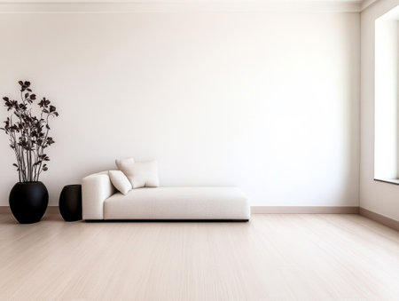 This spacious living area features a sleek, modern sofa with cushions, a decorative plant in a vase, and ample sunlight streaming through a large window creating an inviting ambiance.の素材
