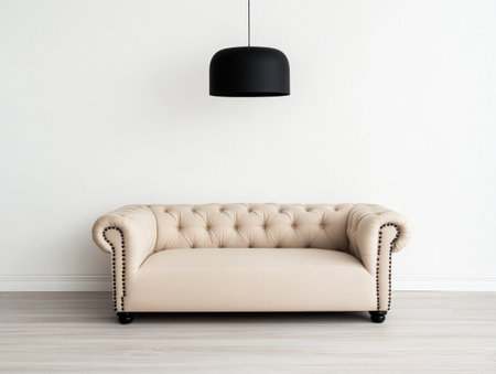 A stylish beige sofa with tufted detailing sits against a white wall under a black hanging light. The room showcases a minimalist design with light wood flooring.の素材