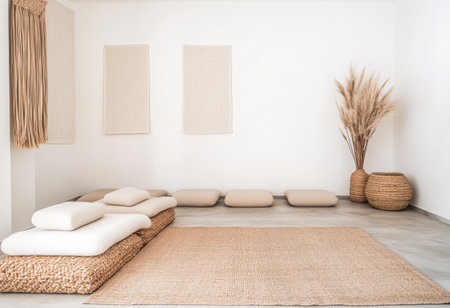 The tranquil room showcases a minimalist aesthetic with soft cushions, natural elements like woven baskets, and a calming color palette, perfect for relaxation.の素材