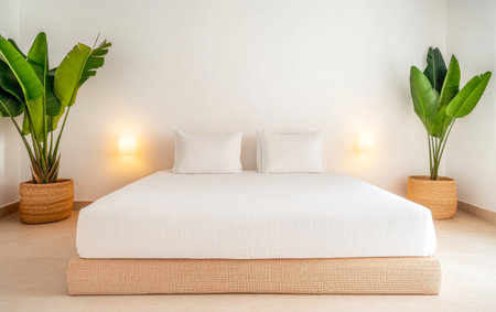 A spacious bedroom featuring a large, neatly made bed against a white wall, complemented by tall green plants in woven pots that add a calming touch.の素材