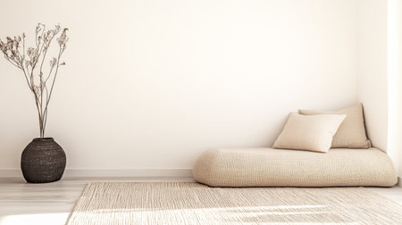 A tranquil living space features a large floor cushion and a simple vase with dried flowers. The light-colored walls create an inviting atmosphere, perfect for relaxation.の素材