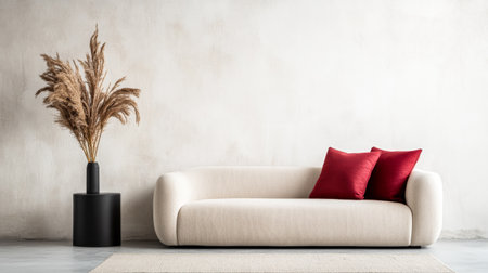 A stylish, minimalist living room features a soft white couch adorned with red pillows next to a chic black vase holding tall pampas grass, creating a cozy atmosphere.の素材
