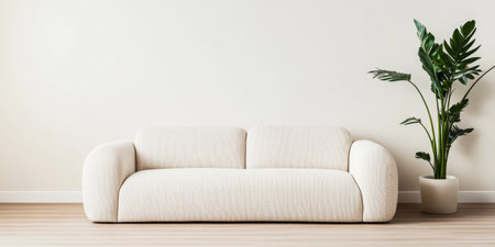 A contemporary beige sofa with rounded edges is centered in a minimalist room, complemented by a vibrant green plant in a pot, creating a cozy atmosphere.の素材