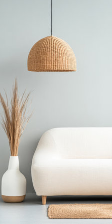 A modern living room features a stylish white couch, a rattan pendant light hanging overhead, and a tall vase with dried plants beside a soft rug, creating a cozy atmosphere.の素材