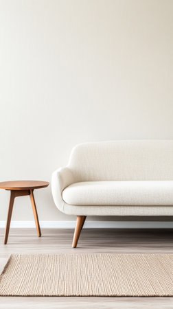 A bright and airy living room showcases a minimalist light-colored couch paired with a sleek wooden side table, accented by a woven rug on the hardwood flooring.の素材