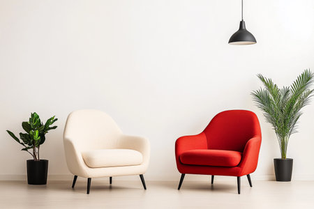A cozy modern living space showcases a white armchair and a red armchair, complemented by lush indoor plants and a sleek pendant light hanging from the ceiling.の素材