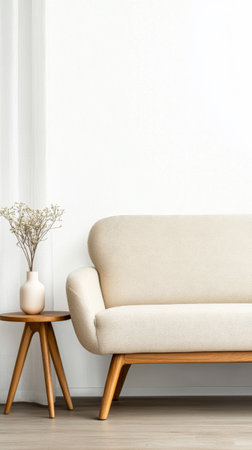 A stylish cream-colored sofa with curved lines is positioned next to a wooden side table. The table holds a simple vase with dried flowers, enhancing the room's minimalist decor.の素材
