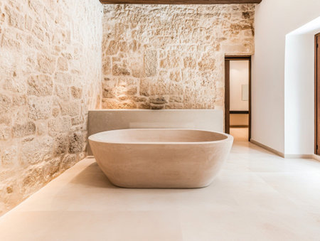 A spacious bathroom showcases a smooth freestanding tub against rustic stone walls, emphasizing a minimalist design aesthetic that promotes tranquility.の素材
