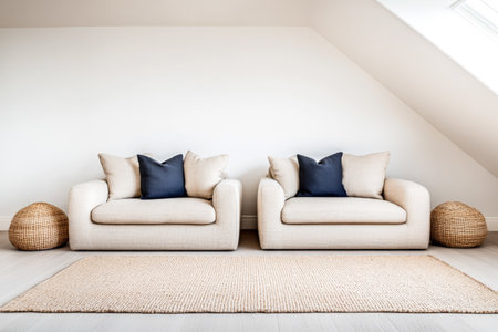 A minimalistic attic living area showcases two comfortable sofas adorned with blue cushions. Natural elements are incorporated through woven decor and a soft rug.の素材