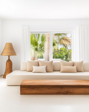 This living room features a spacious, minimalist design highlighted by a light sofa adorned with neutral cushions, and large windows overlooking lush palm trees outside.の素材