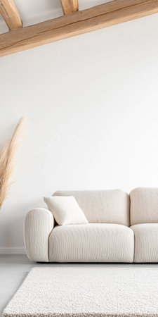 A bright and airy living room highlights a plush beige sofa adorned with a decorative pillow. Natural elements, including a tall plant, enhance the minimalist design.の素材
