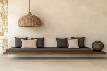 A stylish modern living area showcases a sleek wooden bench adorned with various cushions. A woven pendant light hangs above, contributing to the minimalist aesthetic.の素材