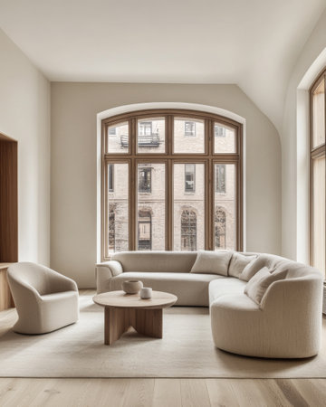 A stylish living room showcases a curved sofa and armchairs in soft tones, bathed in natural light from expansive windows facing an urban view.の素材